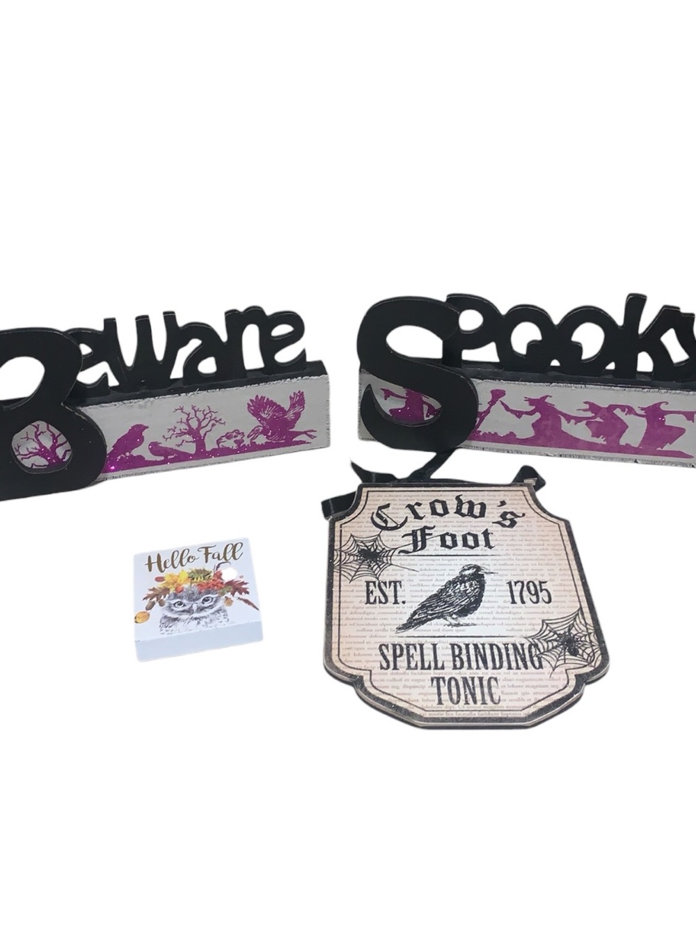 Spooky & Beware Halloween Tabletop Signs Black and Purple Party Decor